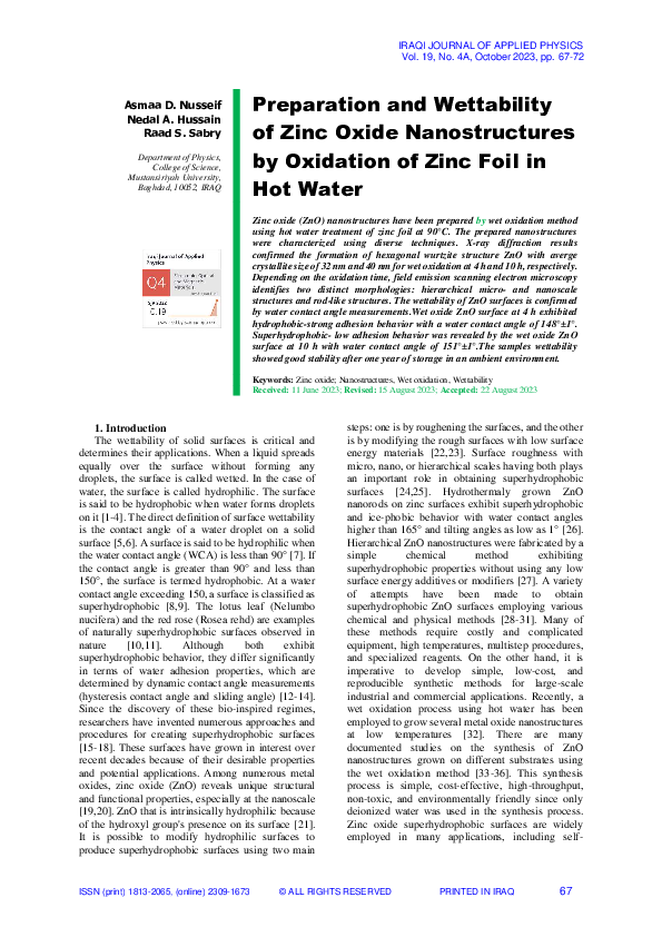 (PDF) Preparation and Wettability of Zinc Oxide Nanostructures by ...