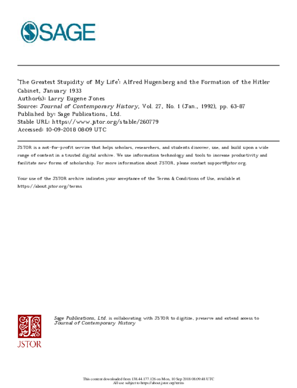 (PDF) The Greatest Stupidity of My Life': Alfred Hugenberg and the ...
