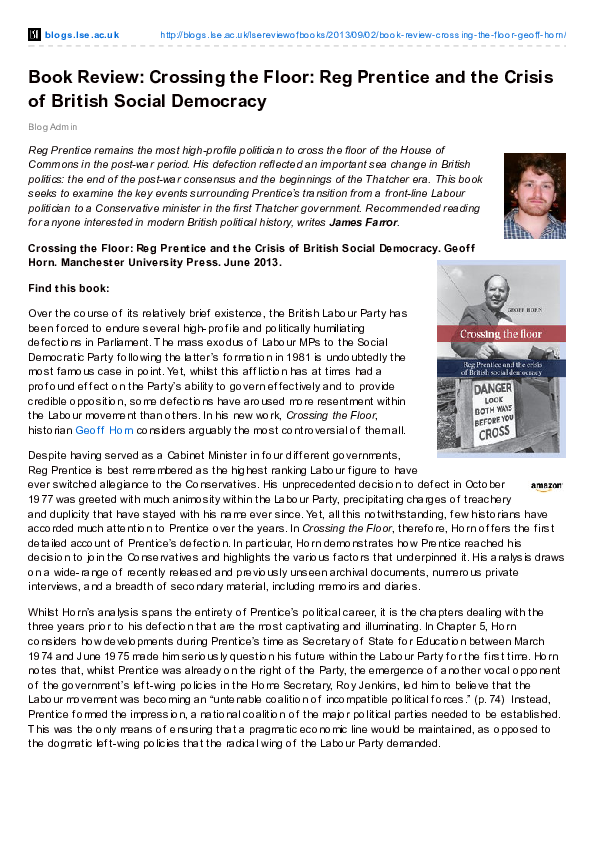 (PDF) Crossing the Floor: Reg Prentice and the Crisis of British Social ...