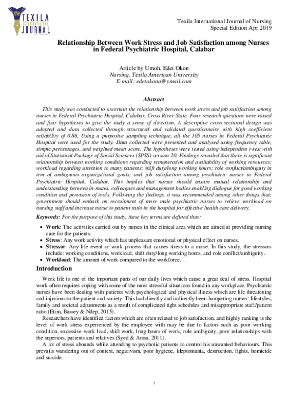 (PDF) Relationship Between Work Stress and Job Satisfaction among ...