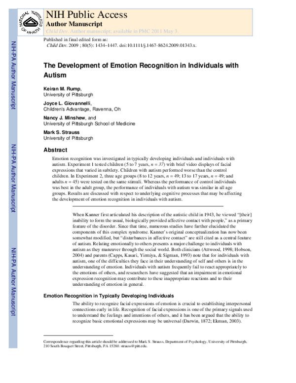 (PDF) The Development of Emotion Recognition in Individuals With Autism