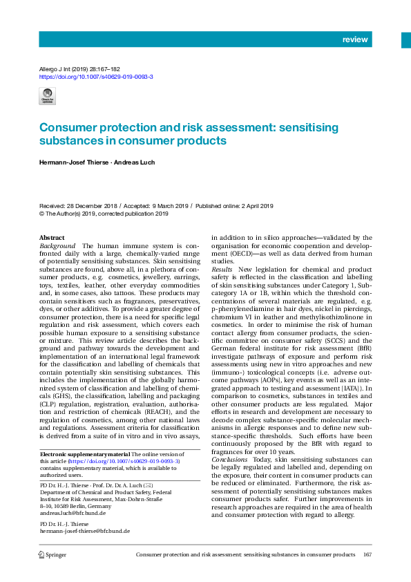 (PDF) Consumer protection and risk assessment: sensitising substances ...