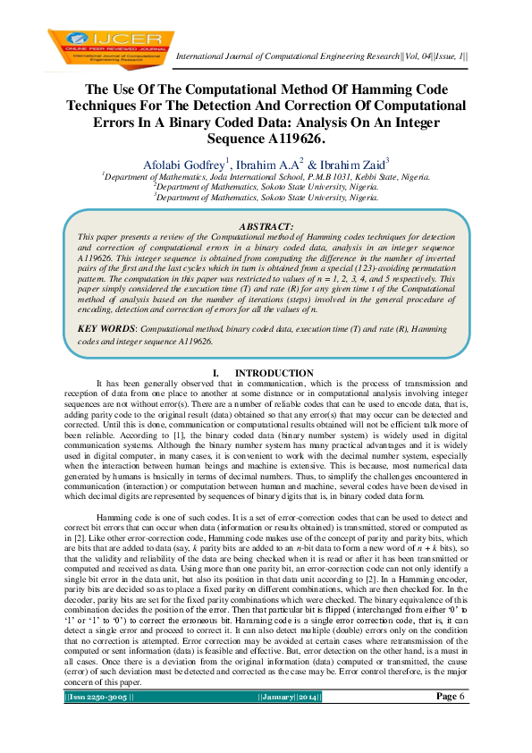 (PDF) The Use Of The Computational Method Of Hamming Code Techniques ...