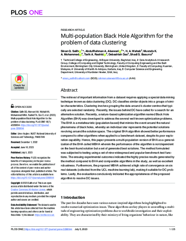 (PDF) Multi-population Black Hole Algorithm for the problem of data ...