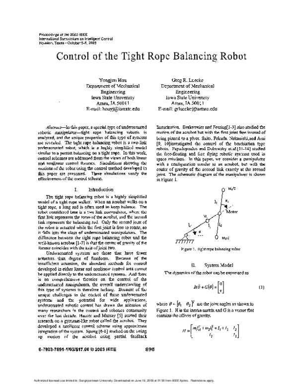 (PDF) Control of the tight rope balancing robot