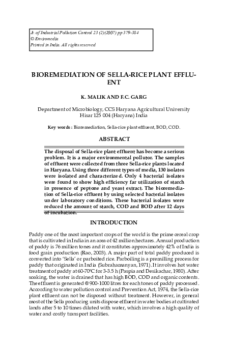 (PDF) Bioremediation of Sella-Rice Plant Effluent