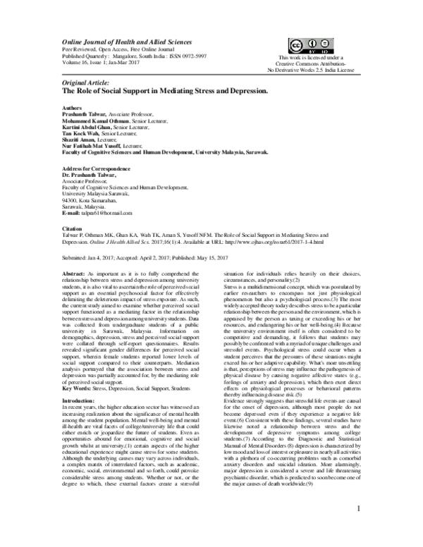(PDF) The Role of Social Support in Mediating Stress and Depression
