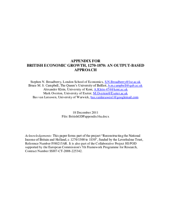 (PDF) Appendix for British Economic Growth, 1270-1870: An Output-Based ...
