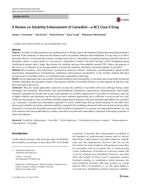 (PDF) A Review on Solubility Enhancement of Carvedilol—a BCS Class II Drug