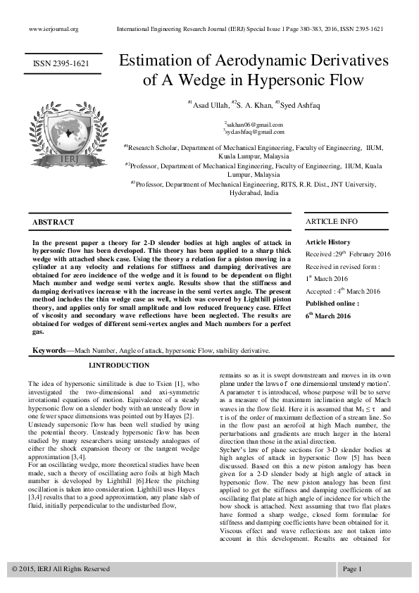 (PDF) Estimation of Aerodynamic Derivatives of A Wedge in Hypersonic Flow