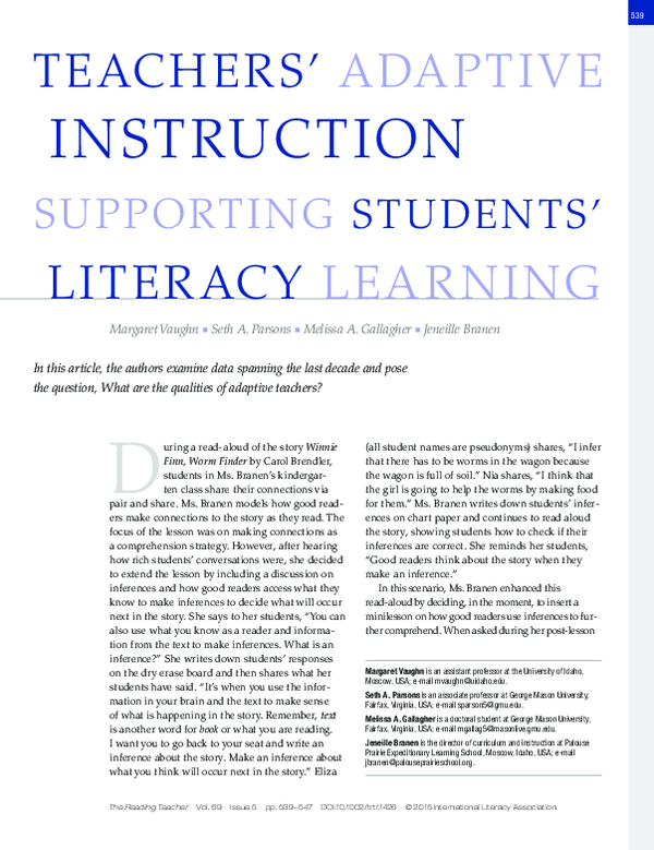 (PDF) Teachers' Adaptive Instruction Supporting Students' Literacy Learning