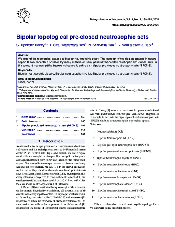 (PDF) Bipolar topological pre-closed neutrosophic sets
