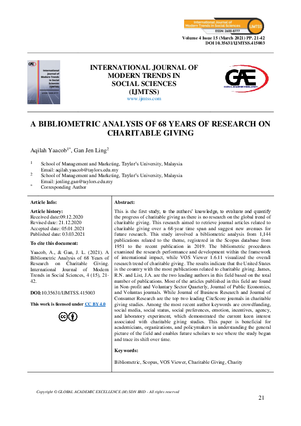 (PDF) A Bibliometric Analysis of 68 Years of Research on Charitable Giving