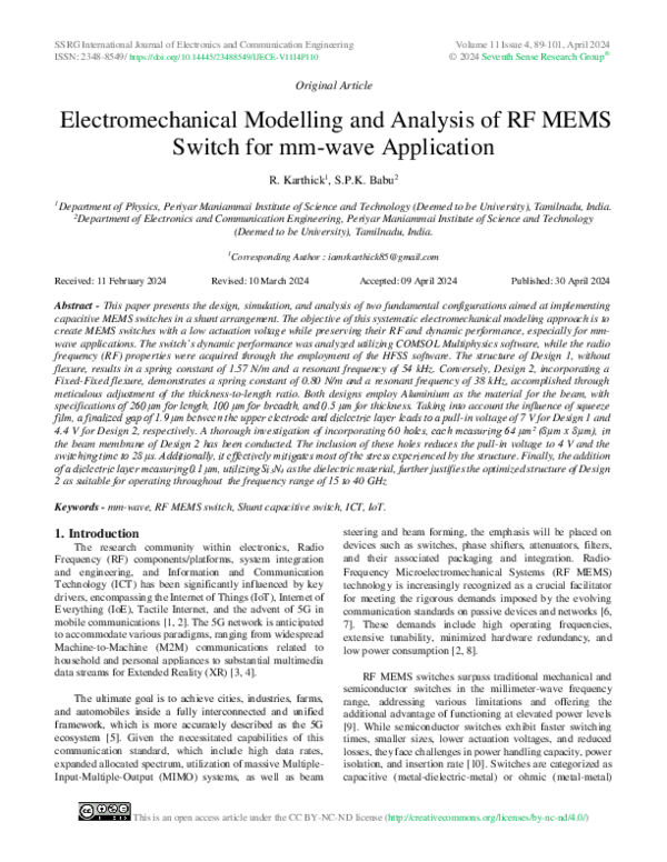 (PDF) Electromechanical Modelling and Analysis of RF MEMS Switch for mm ...