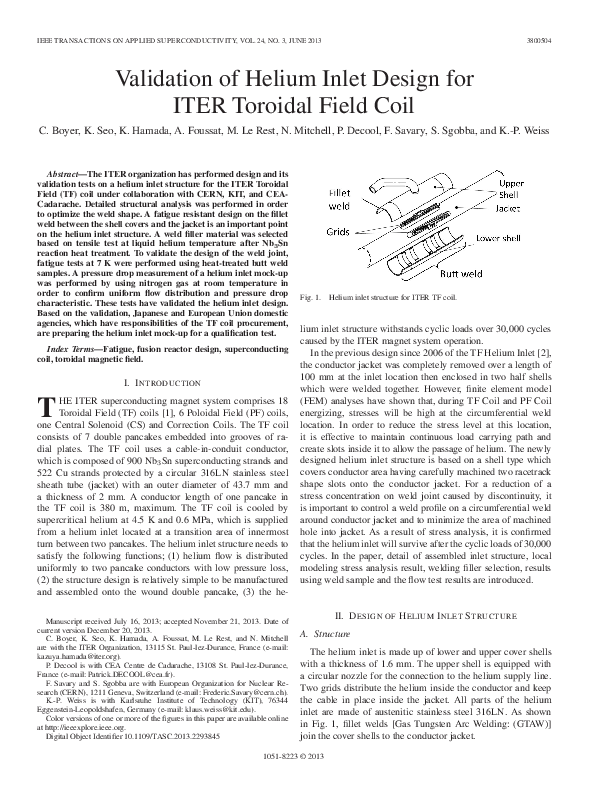(PDF) Validation of Helium Inlet Design for ITER Toroidal Field Coil