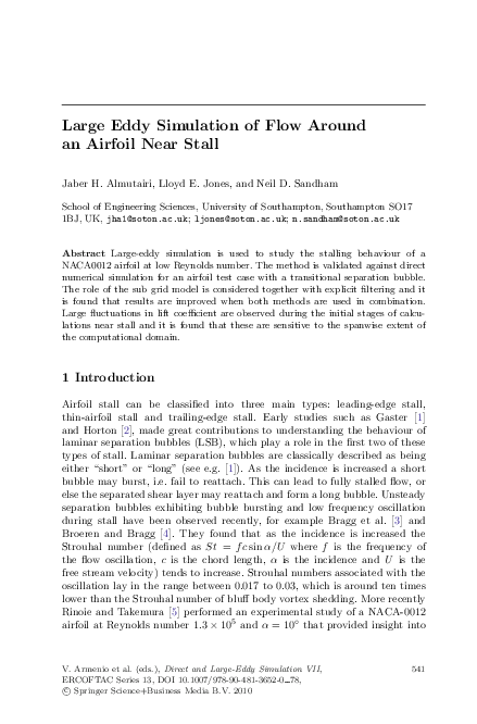 (PDF) Large Eddy Simulation of Flow Around an Airfoil Near Stall