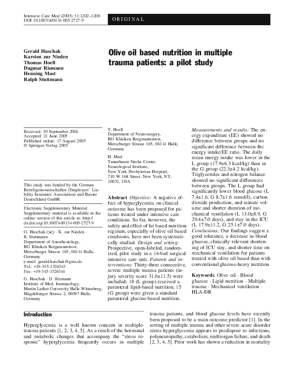 (PDF) Olive oil based nutrition in multiple trauma patients: a pilot study