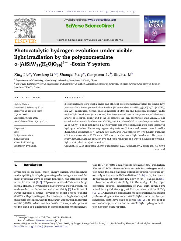 (PDF) Photocatalytic hydrogen evolution under visible light irradiation ...