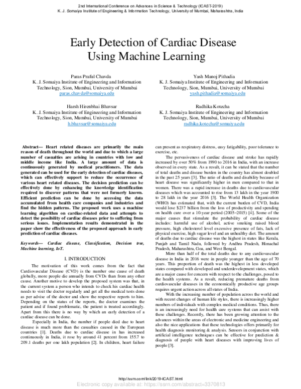 (PDF) Early Detection of Cardiac Disease Using Machine Learning