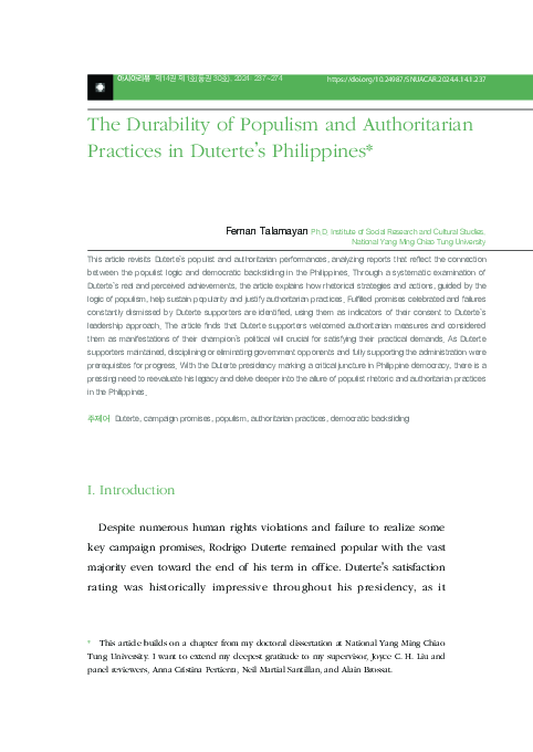 (PDF) The Durability of Populism and Authoritarian Practices in Duterte ...