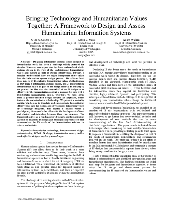(PDF) Bringing technology and humanitarian values together: A framework ...