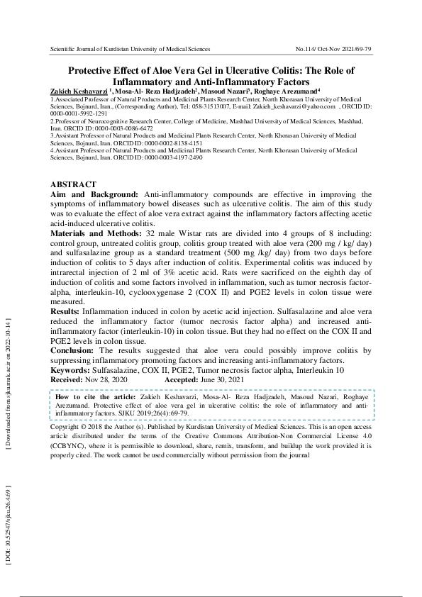 (PDF) Protective Effect of Aloe Vera Gel in Ulcerative Colitis: The ...
