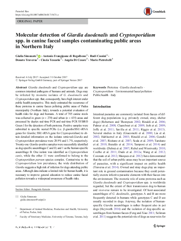 (PDF) Molecular detection of Giardia duodenalis and Cryptosporidium spp ...