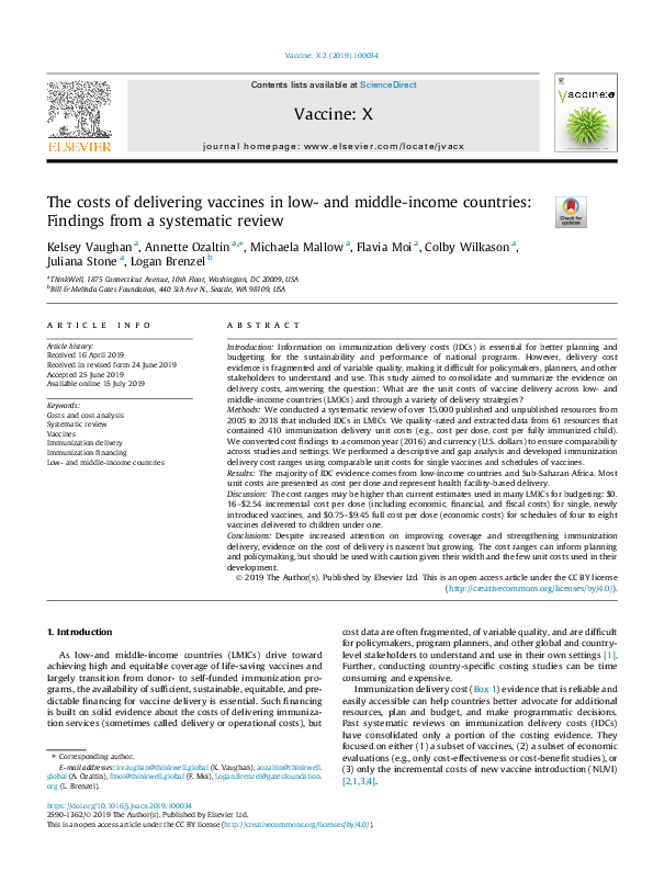 (PDF) The costs of delivering vaccines in low- and middle-income ...