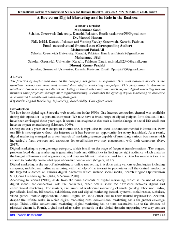 (PDF) A Review on Digital Marketing and Its Role in the Business