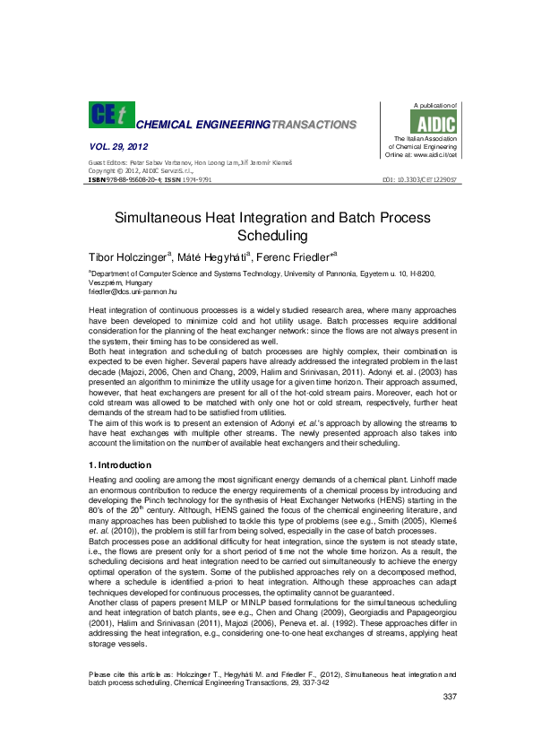 (PDF) Simultaneous heat integration and batch process scheduling