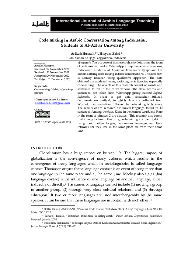 (PDF) Code mixing in Arabic Conversation among Indonesian Students of ...