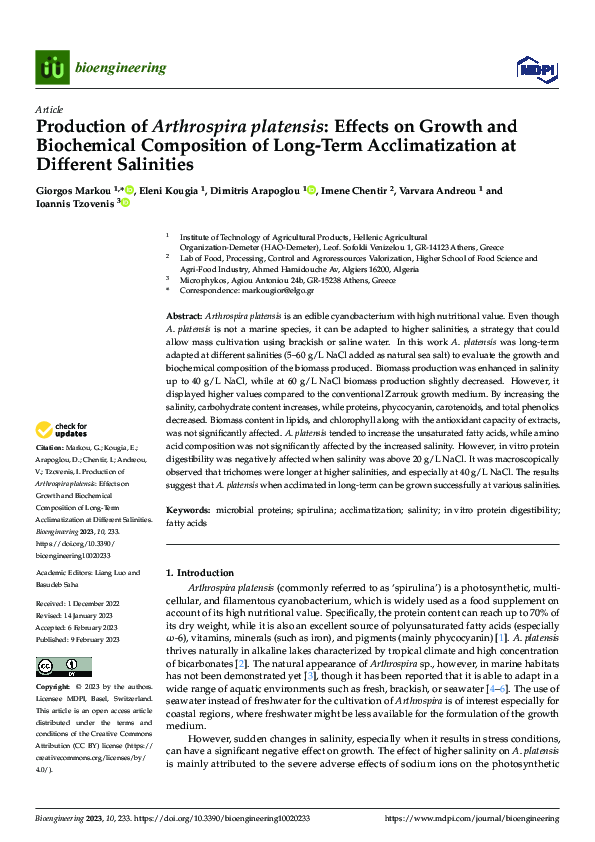 (PDF) Production of Arthrospira platensis: Effects on Growth and ...