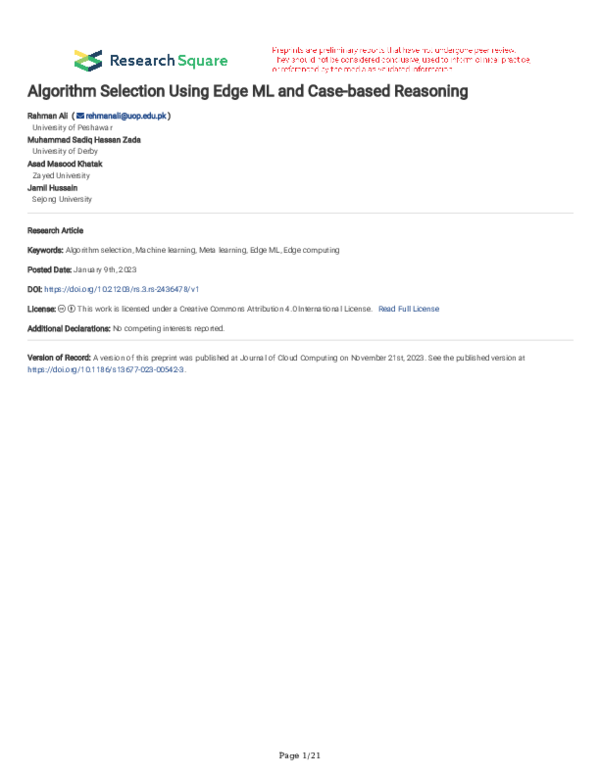 (PDF) Algorithm Selection Using Edge ML and Case-based Reasoning