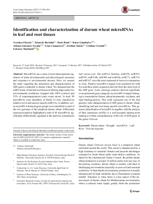 (PDF) Identification and characterization of durum wheat microRNAs in ...
