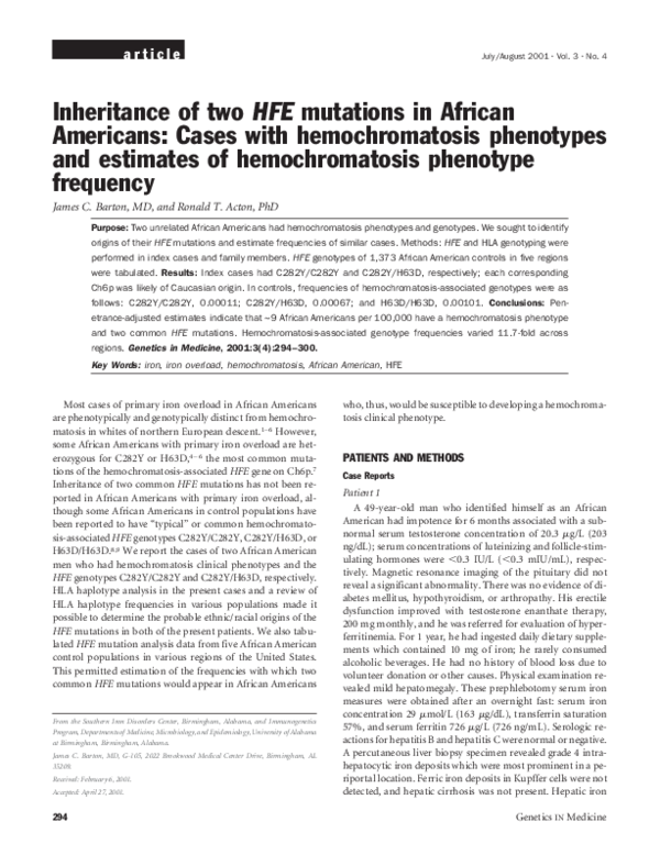 (PDF) Inheritance of two HFE mutations in African Americans: Cases with ...