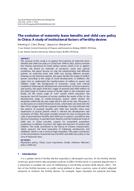 (PDF) The Evolution of Maternity Leave Benefits and Child Care Policy ...