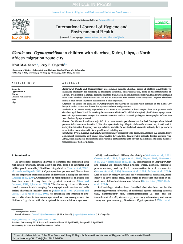 (PDF) Giardia and Cryptosporidium in children with diarrhea, Kufra ...