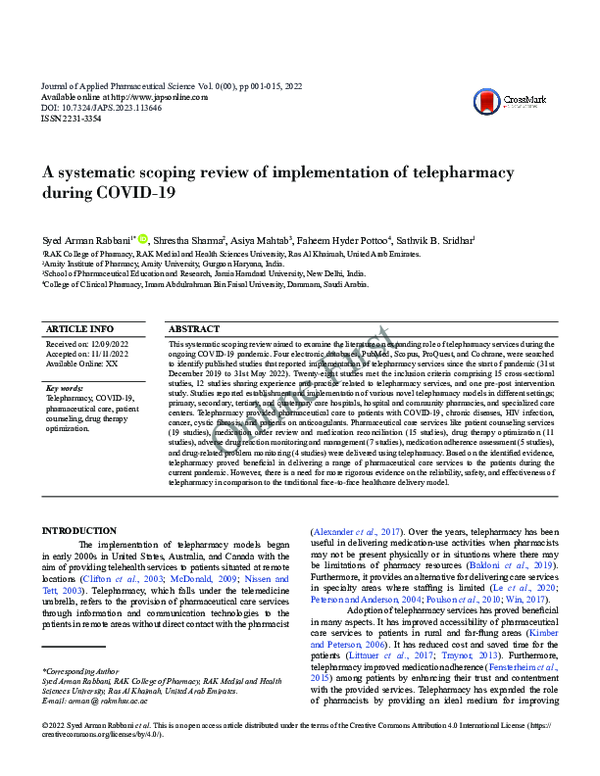 (PDF) A systematic scoping review of implementation of telepharmacy ...