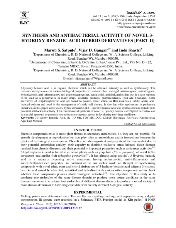 (PDF) Synthesis and Antibacterial Activity of Novel 3- Hydroxy Benzoic ...