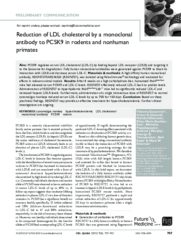 (PDF) Reduction of LDL cholesterol by a monoclonal antibody to PCSK9 in ...
