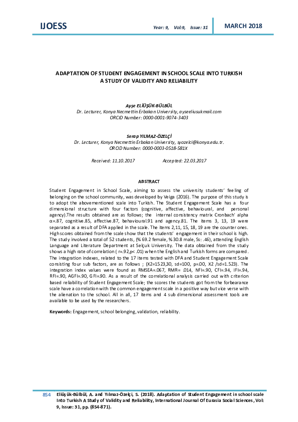 (PDF) Adaptation of Student Engagement in School Scale Into Turkish a ...