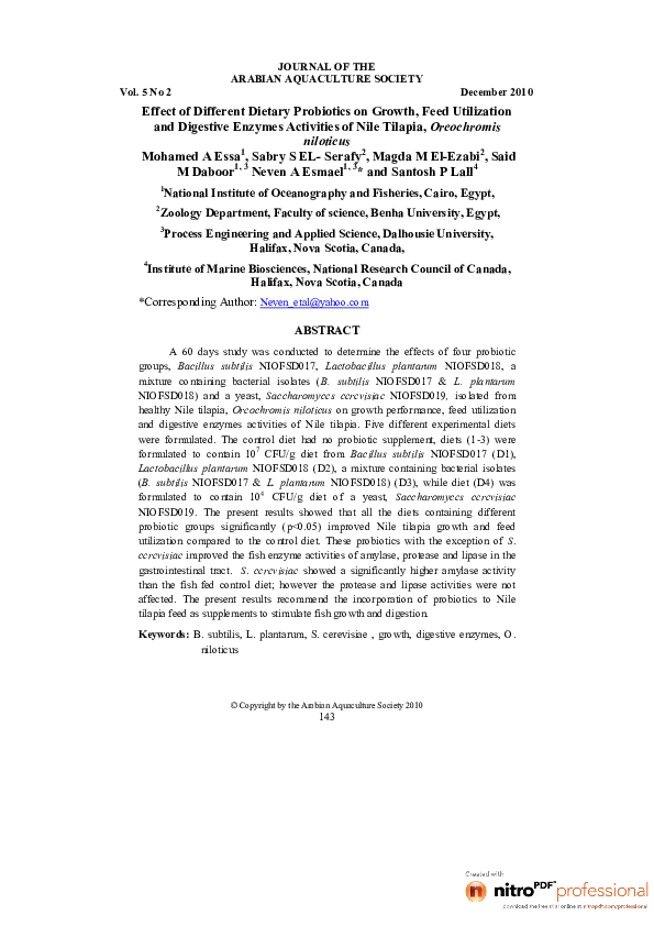 (PDF) Effect of Different Dietary Probiotics on Growth, Feed ...