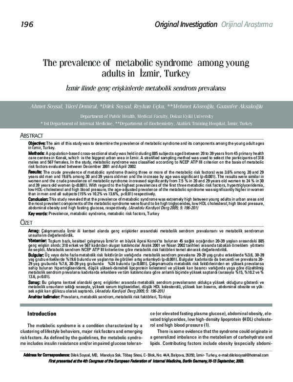 (PDF) The prevalence of metabolic syndrome among young adults in Izmir ...