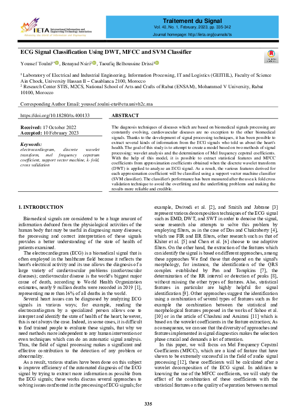 (PDF) ECG Signal Classification Using DWT, MFCC and SVM Classifier