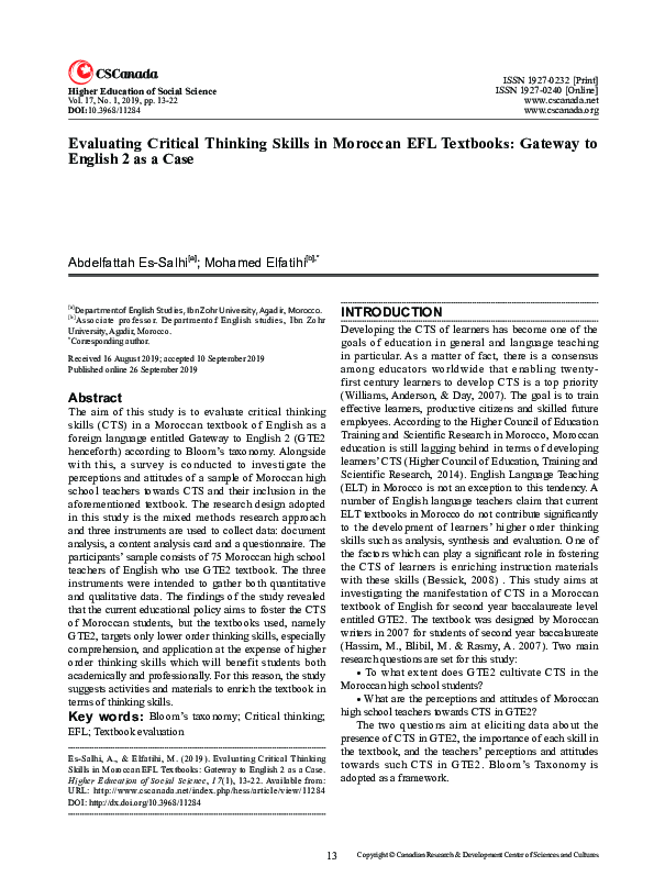 (PDF) Evaluating Critical Thinking Skills in Moroccan EFL Textbooks ...