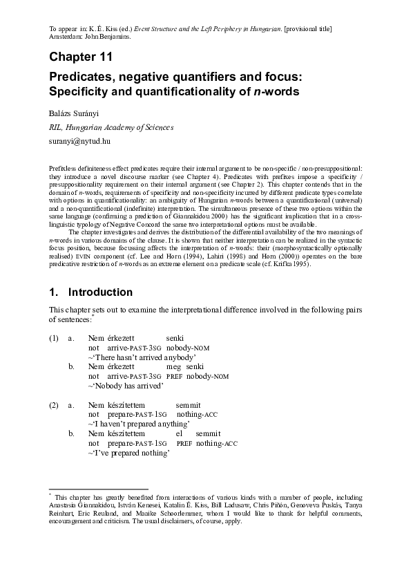 (PDF) Predicates, Negative Quantifiers and Focus: Specificity and ...