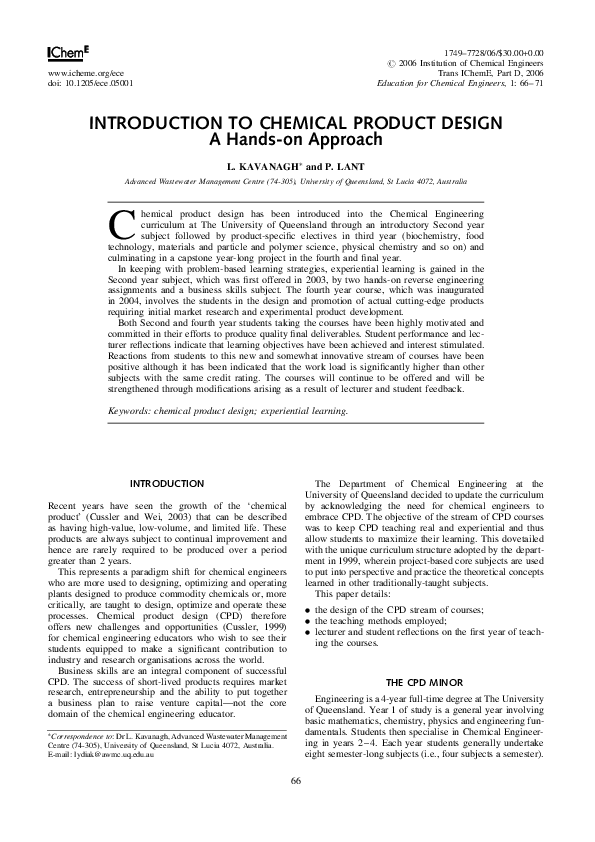 (PDF) Introduction to Chemical Product Design