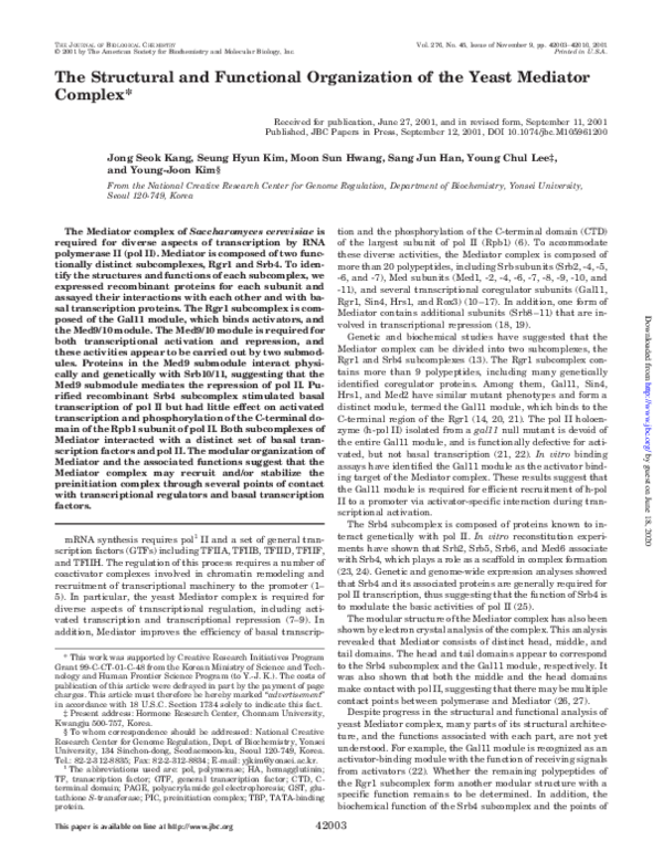 (PDF) The Structural and Functional Organization of the Yeast Mediator ...
