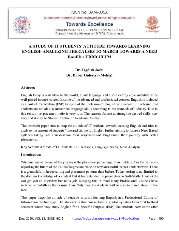 (PDF) A Study of It Students' Attitude Towards Learning English ...