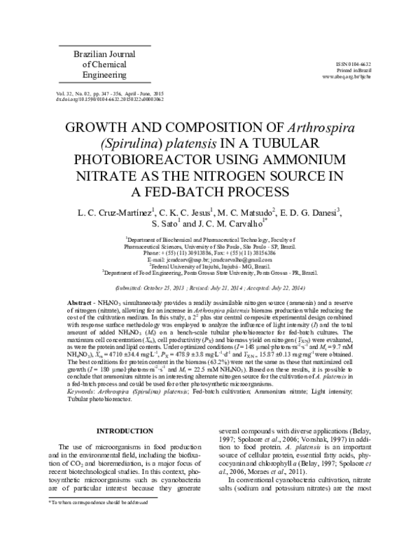 (PDF) GROWTH AND COMPOSITION OF Arthrospira (Spirulina) platensis IN A ...